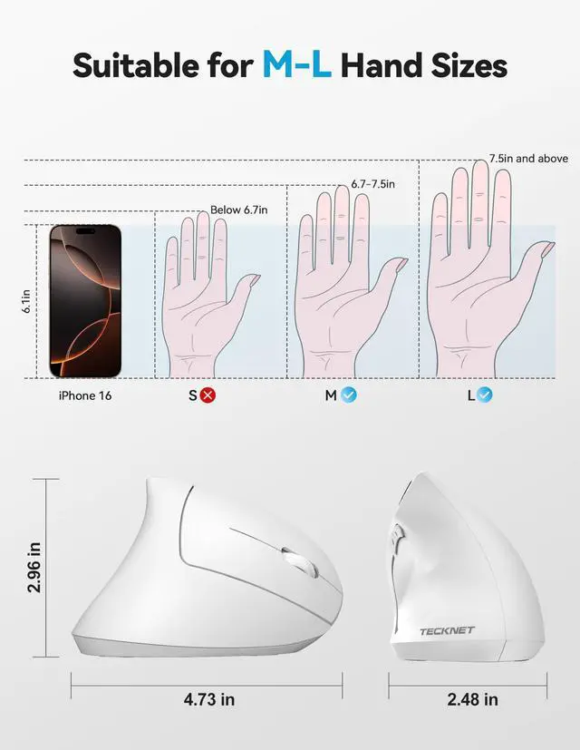 Alt view image 5 of 5 - TECKNET Ergonomic Mouse, Rechargeable 2.4G+Bluetooth Vertical Mice 6 DPI Adjustable, Wireless Optical Carpal Tunnel Mouse Right Hand, Multi Device for Laptop, PC, Computer, MacBook, iPad - White