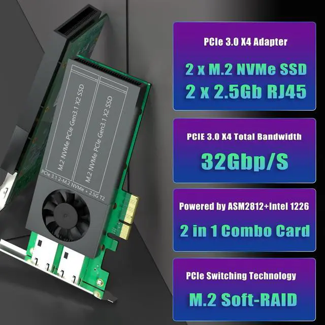 Alt view image 2 of 5 - GLOTRENDS ST5114 2 in 1 Combo Card with 2 x 2.5Gb RJ45 Port and 2 x M.2 NVMe Key M Port, PCIE 3.0 X4 Bandwidth, Support M.2 NVMe Software Raid and PCIe Bifurcation