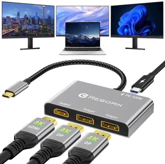 Main image of Reborn USB-C to Dual DisplayPort Adapter and 1 HDMI with 100W PD, 4K@60Hz USB Type-C 1 in 3 Out Splitter, Display Port Splitter for 3-Port USB-C Multi-Monitor Adapter with PC/macOS/Linux and More