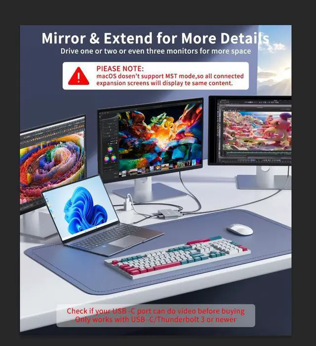 Alt view image 4 of 5 - Reborn USB-C to Dual DisplayPort Adapter and 1 HDMI with 100W PD, 4K@60Hz USB Type-C 1 in 3 Out Splitter, Display Port Splitter for 3-Port USB-C Multi-Monitor Adapter with PC/macOS/Linux and More