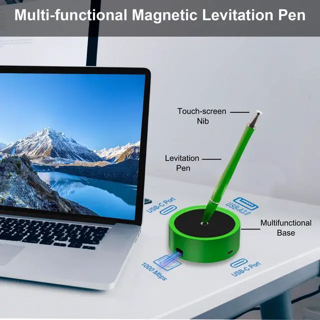 Alt view image 2 of 5 - Elenzk Magnetic Floating Ballpoint Pen for Men & Women, Luxury Gift with Dock Base, Fine Point Black Ink Sign Pen, Innovative Desk Gadget, Unique Gift for Business Owner and Christmas (Green)