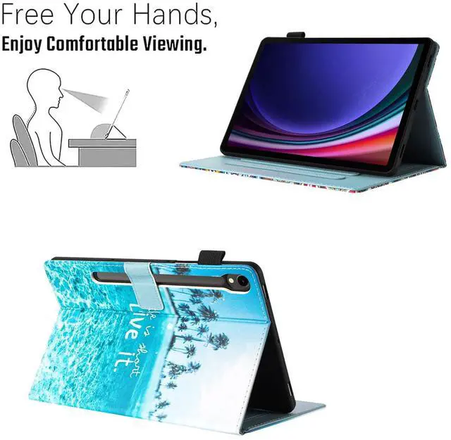 Alt view image 4 of 5 - YUNHOTIC Case for Samsung Galaxy Tab S9 FE 10.9 Inch/S9 11 Inch 2023 Model, Auto Wake/Sleep, Premium PU Leather Folding Stand Cover with Pen Holder & Multiple Viewing Angles - Beach