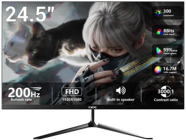 Main image of YXPC 24.5 inch Gaming PC Monitor 200Hz, FHD 1080p VA screen, Built-in speakers,1ms without Bezel, freesync, 99% sRGB, HDR400,178 ° Angle View, HDMI,DisplayPort, Compatible with wall mounting 75*75MM