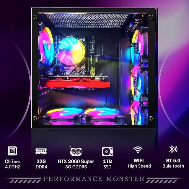 Alt view image 3 of 5 - STGAubron Gaming PC Desktop Computer, Intel Core i7-6700 up to 4.0G, GeForce RTX 2060S 8G, 32GB DDR4, 1TB SSD, 600M WiFi, BT 5.0, RGB Fan x6, Windows 11 Home