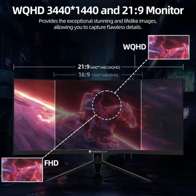 Alt view image 2 of 5 - 34 Inch Curved Gaming Monitor 4K, (3440x1440) 165Hz Ultrawide Computer Monitor, AMD FreeSync, 1500R, HDR, 125% sRGB, DCI-P3 92%, HDMI/DP and Built-in Speaker, VESA 100 x 100mm