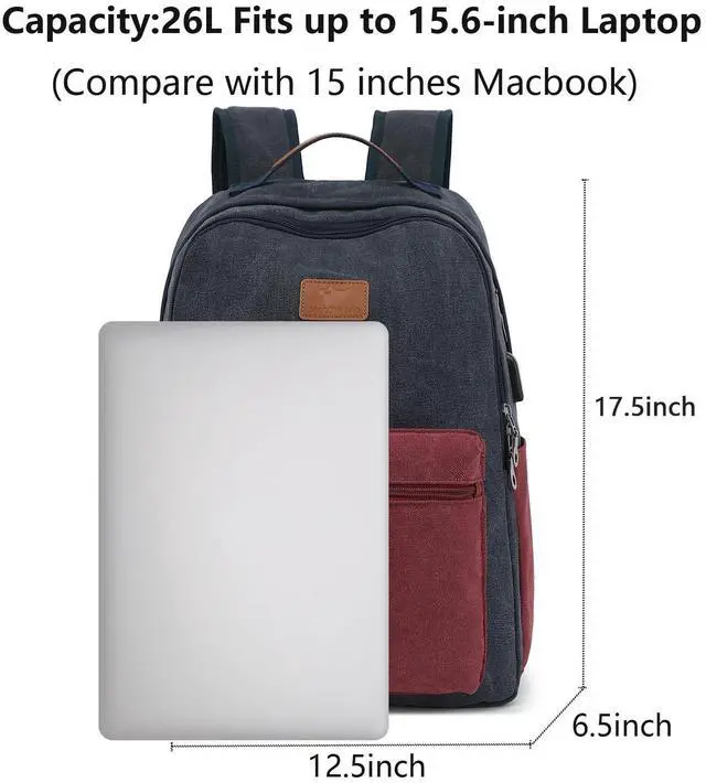 Alt view image 3 of 5 - Waterproof Canvas Backpack, Laptop Backpack with USB Charging Port, Vintage Backpack for College Students, Casual Daypack for Men & Women, Travel Work Backpack Fits 15.6 Inch Laptop, Dark Blue-Red