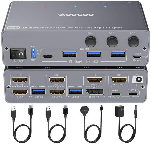 Main image of USB C KVM Switch 4K60Hz,Dual Monitor USB C HDMI DP KVM Switch for 2 PC and 1 Laptop Sharing 2 Monitor and 4 USB3.0 Devices, 100W PD for Laptop, Wired Remote Control and USB Cables Included