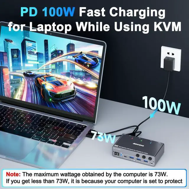 Alt view image 5 of 5 - USB C KVM Switch 4K60Hz,Dual Monitor USB C HDMI DP KVM Switch for 2 PC and 1 Laptop Sharing 2 Monitor and 4 USB3.0 Devices, 100W PD for Laptop, Wired Remote Control and USB Cables Included