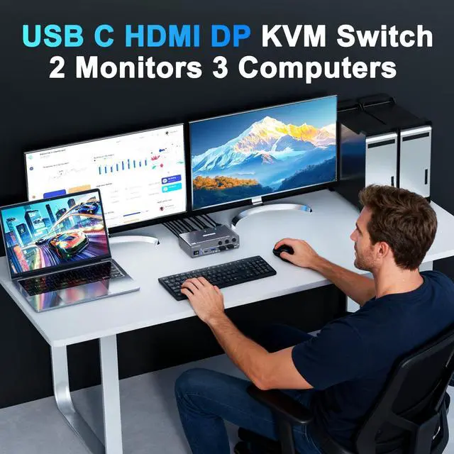 Alt view image 4 of 5 - USB C KVM Switch 4K60Hz,Dual Monitor USB C HDMI DP KVM Switch for 2 PC and 1 Laptop Sharing 2 Monitor and 4 USB3.0 Devices, 100W PD for Laptop, Wired Remote Control and USB Cables Included