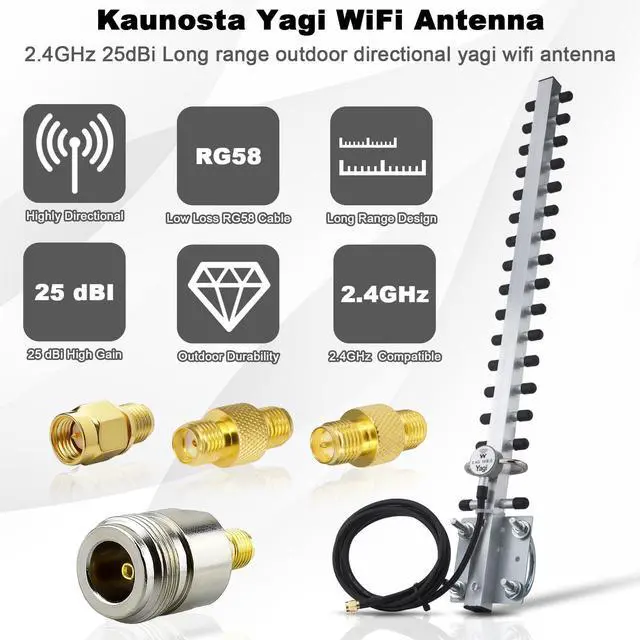 Alt view image 2 of 5 - Kaunosta Yagi WiFi Antenna 2.4GHz 25dBi High Gain Directional with RP-SMA Connector & 1.5M Cable, Adapter Kit RPSMA/SMA/N Type for Router, USB Adapter, Security Camera