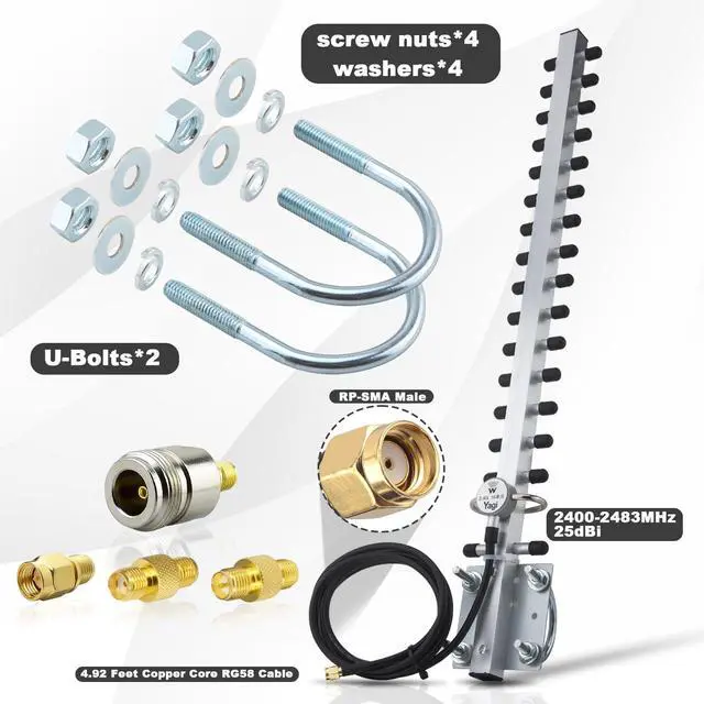 Alt view image 4 of 5 - Kaunosta Yagi WiFi Antenna 2.4GHz 25dBi High Gain Directional with RP-SMA Connector & 1.5M Cable, Adapter Kit RPSMA/SMA/N Type for Router, USB Adapter, Security Camera