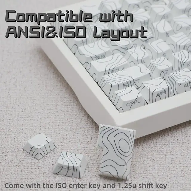 Alt view image 3 of 5 - Cmokifuly PBT Custom Keycaps,Lines Theme Topographic Cherry Profile Keycap,131 Keys Dye-sub Side-Printed Keycaps for Mechanical Keyboard (White)