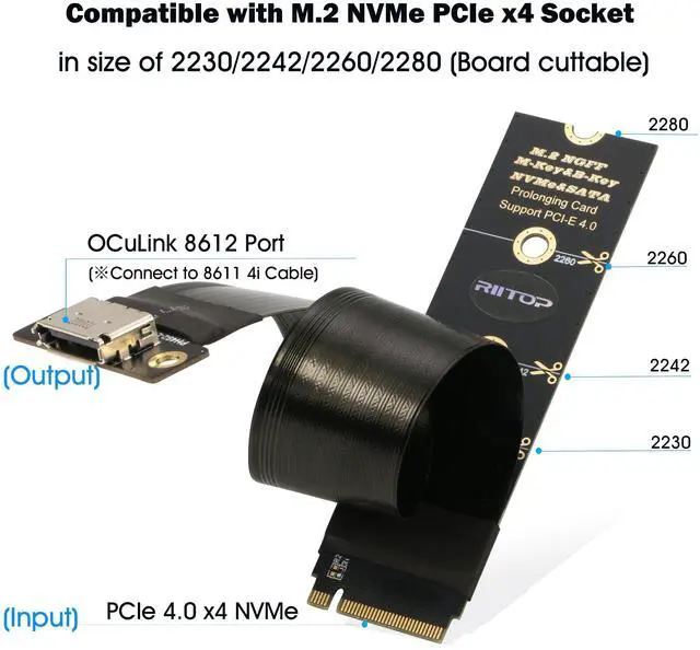 Alt view image 2 of 5 - RIITOP M.2 NVMe to Oculink SFF-8612 Extender (15cm), M.2 NVMe PCIe 4.0 x4 to OCuLink SFF-8611 4i Host Adapter for eGPU and SSD