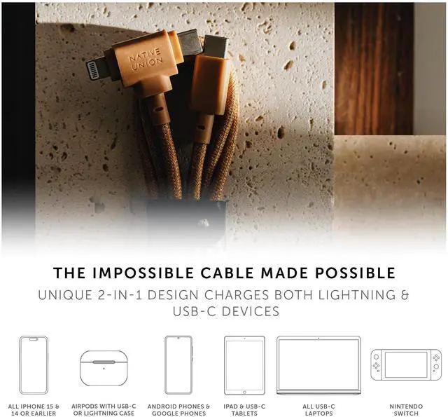 Alt view image 2 of 5 - Native Union Belt Cable Duo  5ft Ultra-Strong Braided Universal Charging Cable  Made with Recycled Material  2-in-1 Multi-Device MFi Certified Connector for Lightning & Type-C devices (Slate Green)