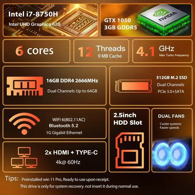Alt view image 2 of 5 - KEEPHAPY Mini PC, Core i7 8750H(8C/16T up to 4.1GHz), GTX 1050 Graphics Mini Computer with RGB Lights, 16GB DDR4 RAM, 512 NVMe SSD, Triple Display, WiFi Ready, Win 11 Pro, Sliver