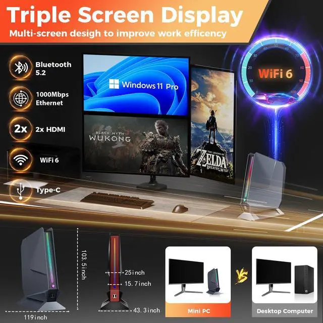 Alt view image 5 of 5 - KEEPHAPY Mini PC, Core i7 8750H(8C/16T up to 4.1GHz), GTX 1050 Graphics Mini Computer with RGB Lights, 16GB DDR4 RAM, 512 NVMe SSD, Triple Display, WiFi Ready, Win 11 Pro, Sliver
