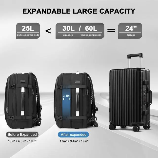 Alt view image 5 of 5 - Vacuum Backpack Travel, 60L Expandable Vacuum Seal Backpack with Pump, fit 17'' Laptop Backpack, TSA Lock Carry-On Airback Travel Backpack with Detachable Compression Airbag- Black