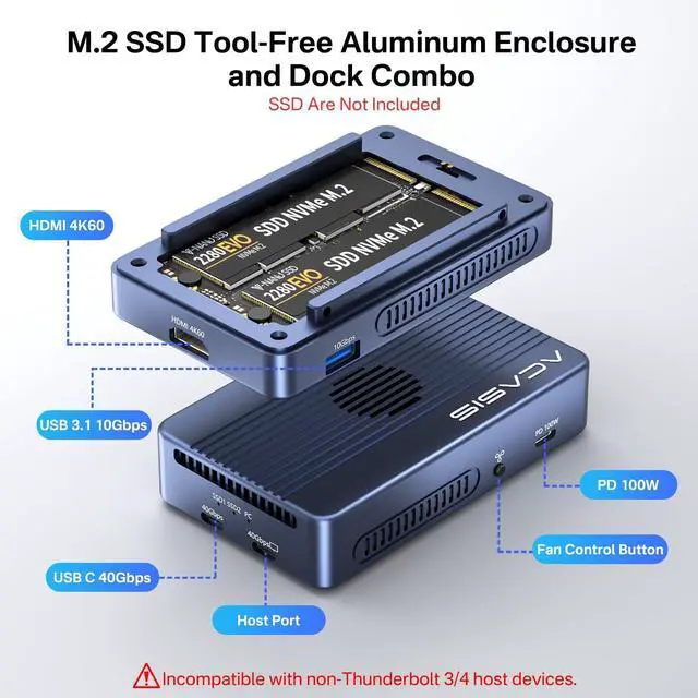 Alt view image 2 of 5 - ACASIS 40Gbps M.2 NVMe SSD Enclosure, Cooling Fan, Compatible with 40Gbps / USB 4.0, Tool-Free, Aluminum Dock Dual Monitor, Support Software RAID, 2 USBC 40Gbps for M1/M2/Windows