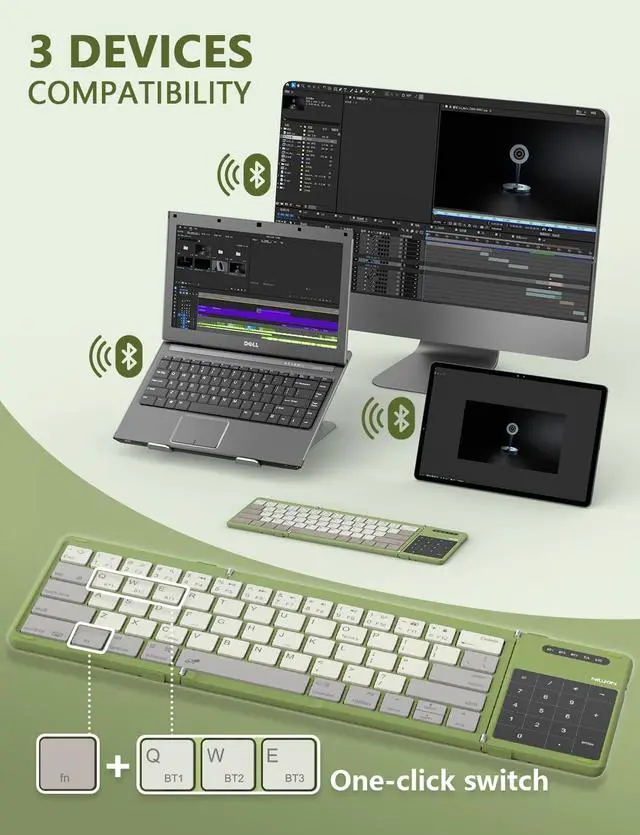 Alt view image 4 of 5 - Nillkin Pocket Foldable Wireless Keyboard with Touchpad Numerical Pad for Travel Meeting for iPad Tablets Phone Laptop PC, Full Size (Small) Magnetic Folding Keyboard (Green)