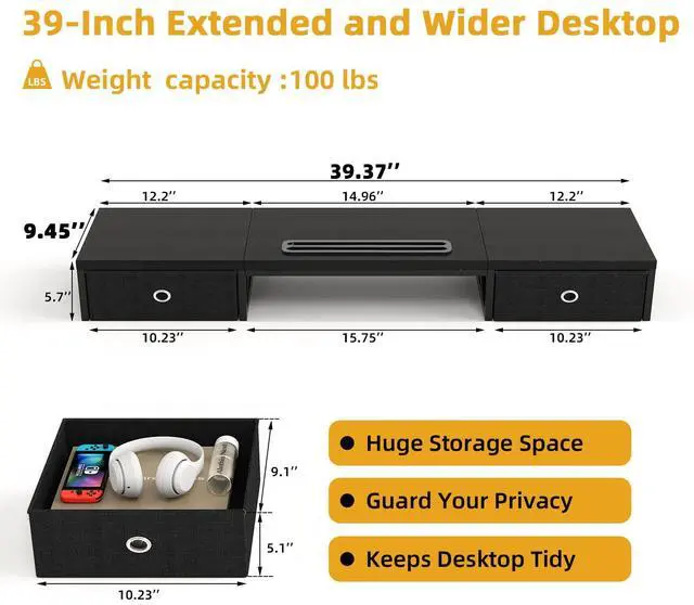 Alt view image 3 of 5 - Dual Monitor Stand Riser with 2 Drawers - 39Inch Large Storage Computer Monitor Stands for 2 Monitors, Wooden Desktop Organizer Perfect for Home Office Desk, Computer, Laptop, TV, Black