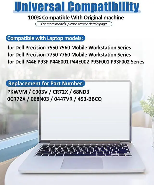 Alt view image 3 of 5 - bossfulton 95Wh 6-Cell PKWVM Battery for Dell Precision 7750 7760 7550 7560 Mobile Series 7000 7558 7568 13 7353 7359 7347 11.4V 7922mAh