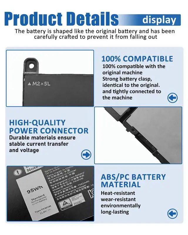 Alt view image 5 of 5 - bossfulton 95Wh 6-Cell PKWVM Battery for Dell Precision 7750 7760 7550 7560 Mobile Series 7000 7558 7568 13 7353 7359 7347 11.4V 7922mAh