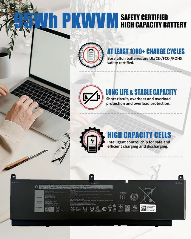 Alt view image 2 of 5 - bossfulton 95Wh 6-Cell PKWVM Battery for Dell Precision 7750 7760 7550 7560 Mobile Series 7000 7558 7568 13 7353 7359 7347 11.4V 7922mAh