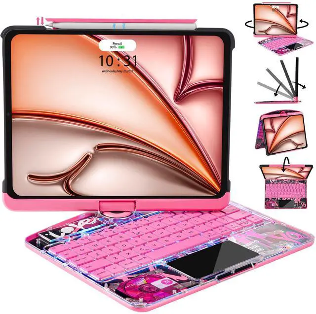 Main image of JJM 360° Rotating Multi-Touch Trackpad, Transparent Case with Wireless Keyboard, Magnetic Pencil Holder (Y2K Transparent Pink, iPad (A16) 11th & iPad 10th)
