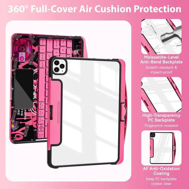 Alt view image 3 of 5 - JJM 360° Rotating Multi-Touch Trackpad, Transparent Case with Wireless Keyboard, Magnetic Pencil Holder (Y2K Transparent Pink, iPad (A16) 11th & iPad 10th)