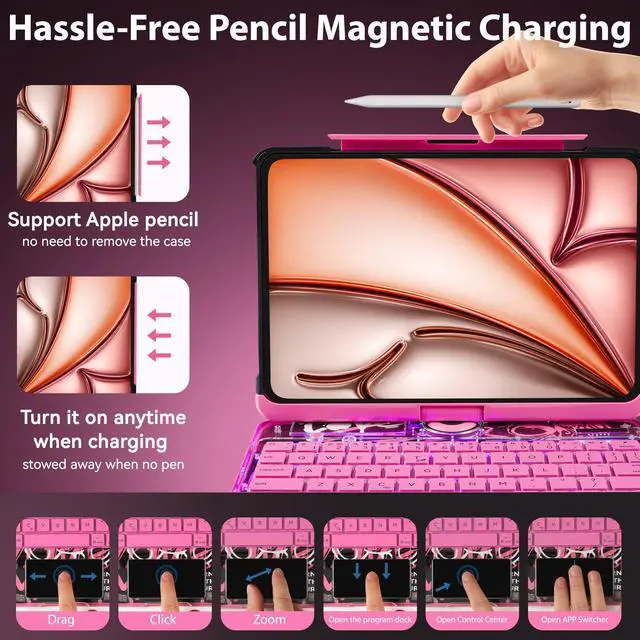 Alt view image 5 of 5 - JJM 360° Rotating Multi-Touch Trackpad, Transparent Case with Wireless Keyboard, Magnetic Pencil Holder (Y2K Transparent Pink, iPad (A16) 11th & iPad 10th)