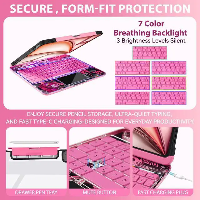 Alt view image 4 of 5 - JJM 360° Rotating Multi-Touch Trackpad, Transparent Case with Wireless Keyboard, Magnetic Pencil Holder (Y2K Transparent Pink, iPad (A16) 11th & iPad 10th)