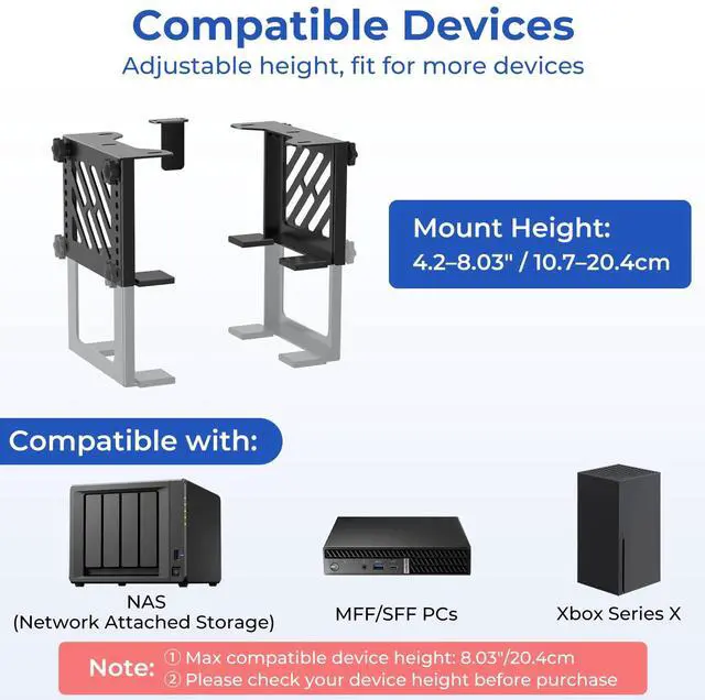 Alt view image 2 of 5 - Metal Under Desk Mount for NAS Adjustable Mounting Bracket for Desktop NAS 1/2/4 Bay Network Attached Storage Under Desk Holder for NAS/Small PC/SFF Desktop Tower/CPU/UPS and More with Cable Ties