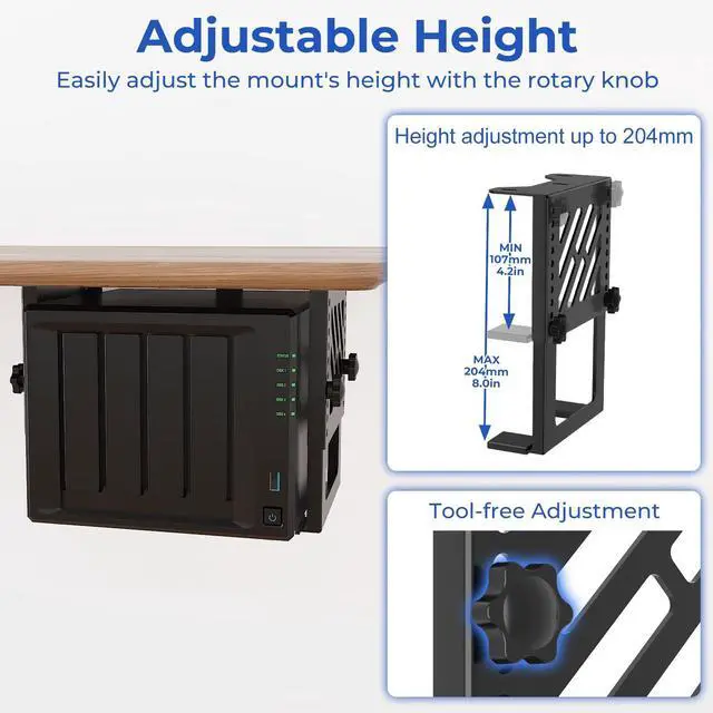 Alt view image 3 of 5 - Metal Under Desk Mount for NAS Adjustable Mounting Bracket for Desktop NAS 1/2/4 Bay Network Attached Storage Under Desk Holder for NAS/Small PC/SFF Desktop Tower/CPU/UPS and More with Cable Ties