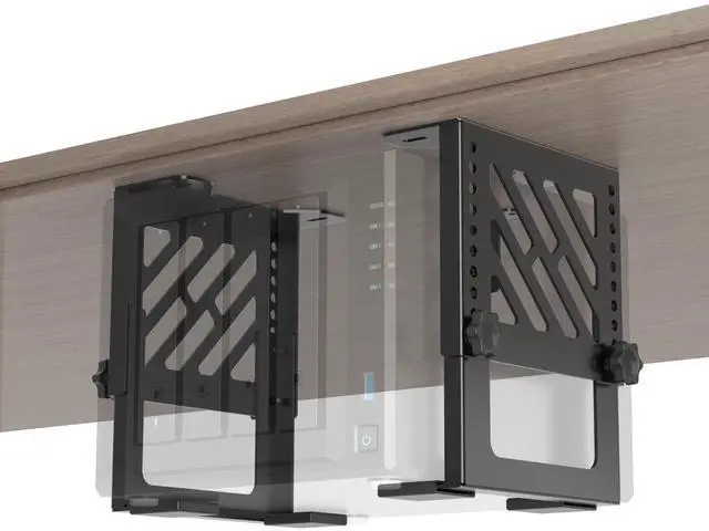 Main image of Metal Under Desk Mount for NAS Adjustable Mounting Bracket for Desktop NAS 1/2/4 Bay Network Attached Storage Under Desk Holder for NAS/Small PC/SFF Desktop Tower/CPU/UPS and More with Cable Ties