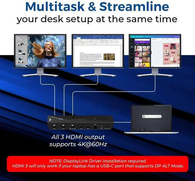 Alt view image 2 of 5 - OREI SplitExtend 14 in 1 DisplayLink Docking Station - 3X 4K@60hz Multi Monitor - 6X USB/C, Ethernet, SD/TF, 100W PD, Audio/Mic, Compatible with MacOS/Windows SST/MST with Driver