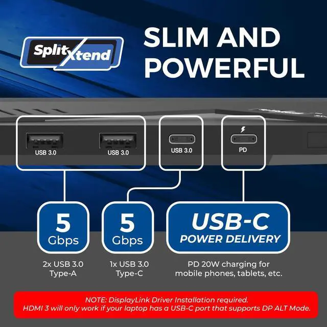 Alt view image 4 of 5 - OREI SplitExtend 14 in 1 DisplayLink Docking Station - 3X 4K@60hz Multi Monitor - 6X USB/C, Ethernet, SD/TF, 100W PD, Audio/Mic, Compatible with MacOS/Windows SST/MST with Driver