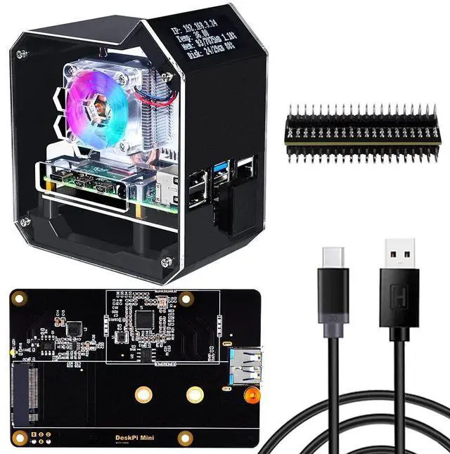 Main image of GeeekPi Mini Tower NAS Kit for Raspberry Pi 4, Pi 4 ICE Tower Cooler with PWM RGB Fan, M.2 SATA SSD Expansion Board, GPIO 1 to 2 Expansion Board, 18W QC3.0 Power Supply for Raspberry Pi 4 Model B