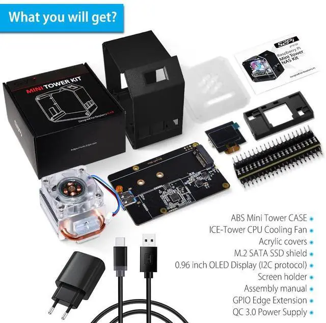 Alt view image 3 of 5 - GeeekPi Mini Tower NAS Kit for Raspberry Pi 4, Pi 4 ICE Tower Cooler with PWM RGB Fan, M.2 SATA SSD Expansion Board, GPIO 1 to 2 Expansion Board, 18W QC3.0 Power Supply for Raspberry Pi 4 Model B