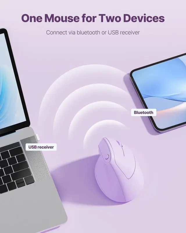 Alt view image 2 of 5 - Blervadix Ergonomic Mouse, Wireless Bluetooth Vertical Mouse with Dual Connection (Bluetooth 5.0 & USB-A), Quiet Ergo Mouse for Windows Mac iPad OS, PC Laptop, Purple