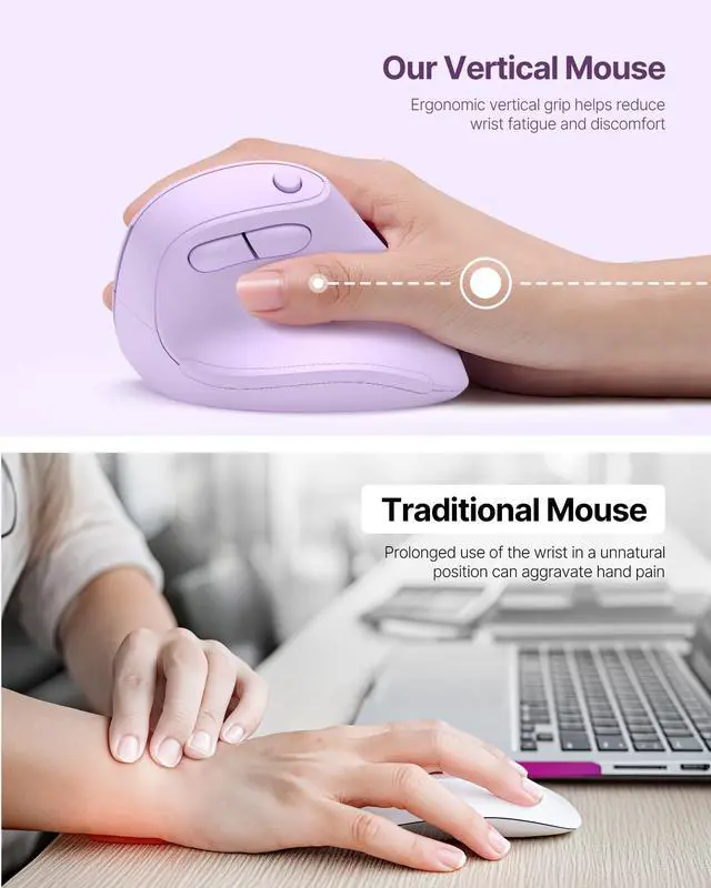 Alt view image 4 of 5 - Blervadix Ergonomic Mouse, Wireless Bluetooth Vertical Mouse with Dual Connection (Bluetooth 5.0 & USB-A), Quiet Ergo Mouse for Windows Mac iPad OS, PC Laptop, Purple