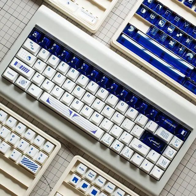 Alt view image 2 of 5 - PBT Keycap, White Minimalist Geometric Keycap, Cool Blue Clear Key Caps, 189 Keys Custom Cherry Profile Dye Sub Keycaps Set for 60% 65% 75% 100% Cherry MX Mechanical Keyboards