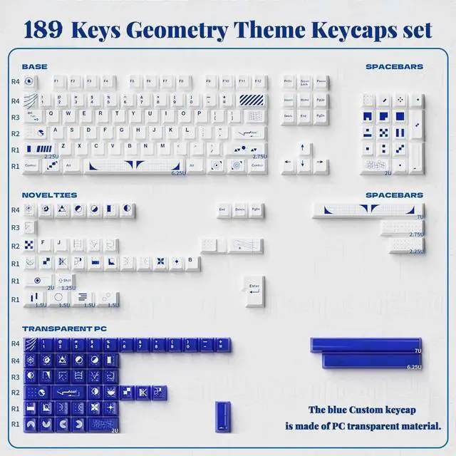 Alt view image 5 of 5 - PBT Keycap, White Minimalist Geometric Keycap, Cool Blue Clear Key Caps, 189 Keys Custom Cherry Profile Dye Sub Keycaps Set for 60% 65% 75% 100% Cherry MX Mechanical Keyboards