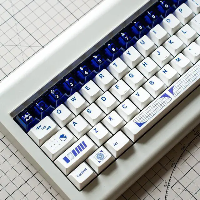 Main image of PBT Keycap, White Minimalist Geometric Keycap, Cool Blue Clear Key Caps, 189 Keys Custom Cherry Profile Dye Sub Keycaps Set for 60% 65% 75% 100% Cherry MX Mechanical Keyboards