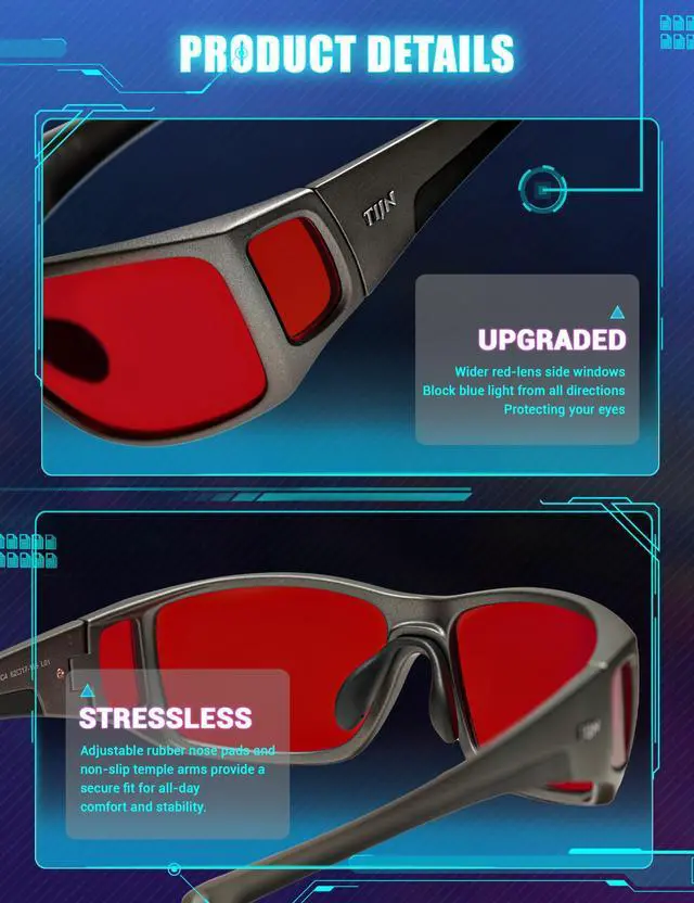 Alt view image 5 of 5 - TIJN Sleep Glasses for Blue & Green Light Blocking,Red Lens Dual AR Coating,Wraparound Oversized for Screen,Computer & Gaming