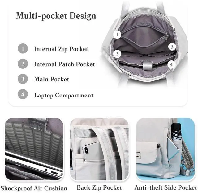 Alt view image 5 of 5 - PORRASSO Women Laptop Backpack Casual Shoulder Bag with USB Charging Port Luggage Strap for 14 Inch Laptop Daypack Work Travel Rucksack Grey