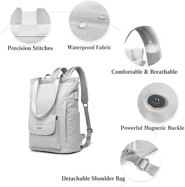 Alt view image 4 of 5 - PORRASSO Women Laptop Backpack Casual Shoulder Bag with USB Charging Port Luggage Strap for 14 Inch Laptop Daypack Work Travel Rucksack Grey