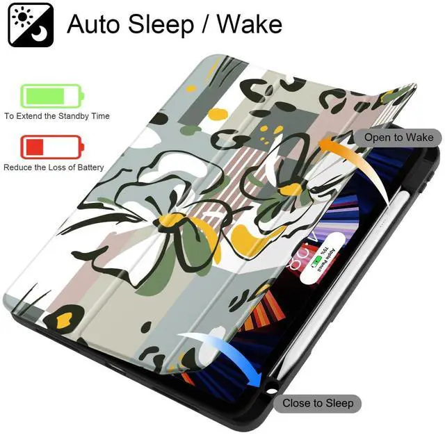 Alt view image 3 of 5 - Mektron Case for iPad Pro 11 inch (4th, 3rd, 2nd & 1st Gen) 2022 2021 2020 2018, Buit in Pencil Holder with Shockproof Cover Clear Shell + AutoWake/Sleep, Abstract Floral C346