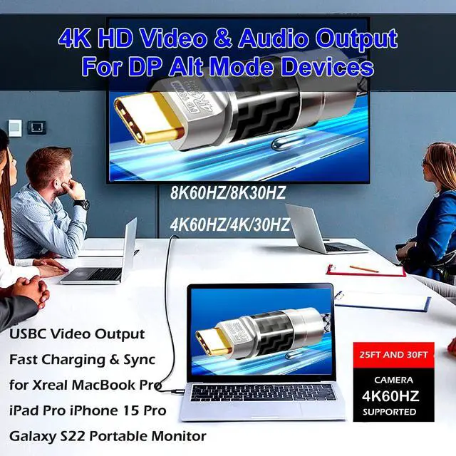 Alt view image 5 of 5 - USB C to C Cable 25FT,100W 4K60HZ Type C GEN2x2(Data usb3.1),USB C Video Output From USB3.2/ USB4.0 Fast Charging & Sync for Xreal MacBook Pro iPad Pro iPhone 15 Pro Galaxy S22 Portable Monitor
