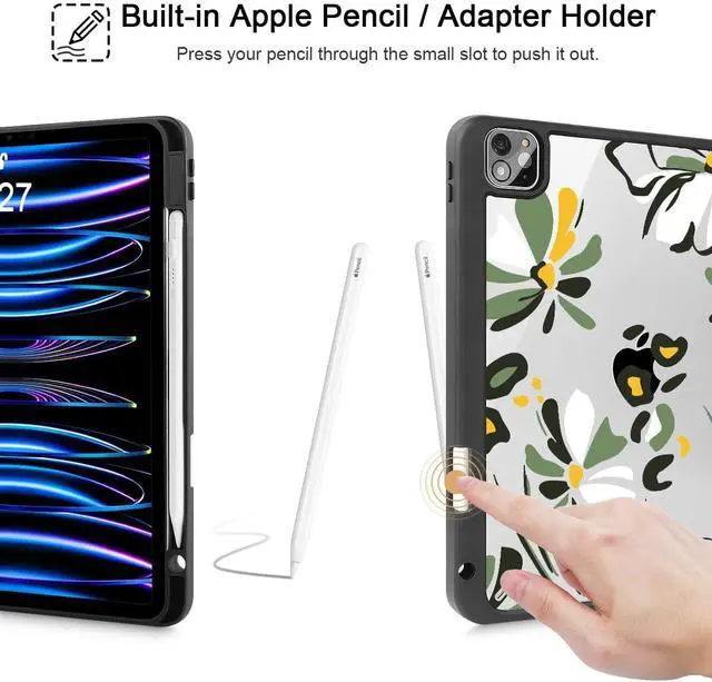 Alt view image 5 of 5 - Mektron Case for iPad Pro 11 inch (4th, 3rd, 2nd & 1st Gen) 2022 2021 2020 2018, Buit in Pencil Holder with Shockproof Cover Clear Shell + AutoWake/Sleep, Abstract Floral C346