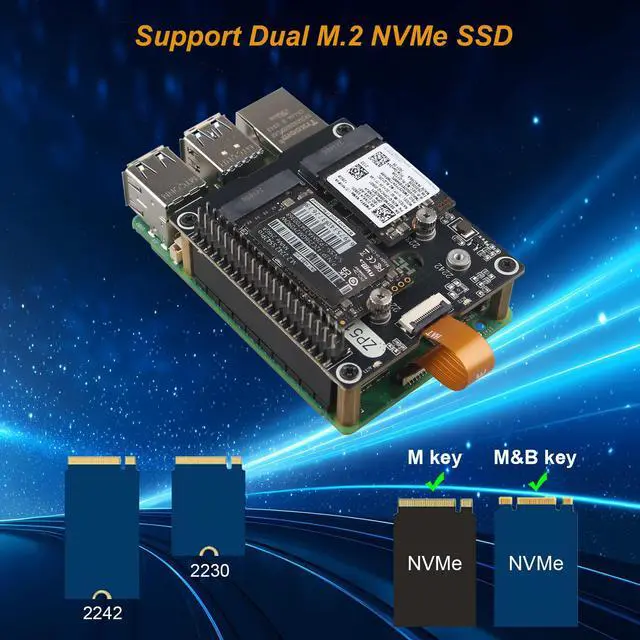 Alt view image 3 of 5 - ZDE ZP518 PCIe to Dual M.2 HAT Key M NVMe SSD PCIe Peripheral Board Solid State Drive Adapter Board for Raspberry Pi 5 Support M.2 NVMe SSD 2230 2242